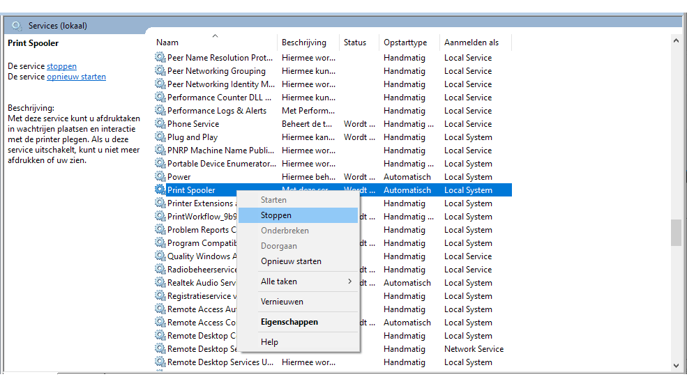 Met de rechtermuisknop stop je de print spooler.
