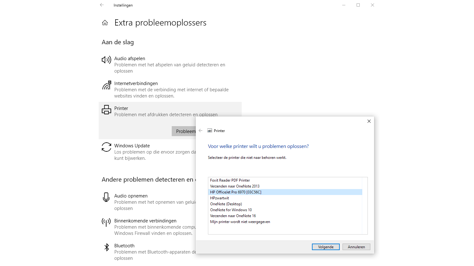 Je kunt de ingebouwde probleemoplosser inzetten voor jouw specifieke printer.