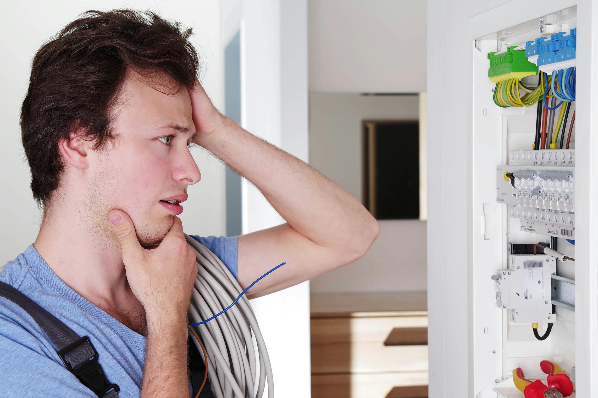 Wanhopige man die naar stoppenkast kijkt