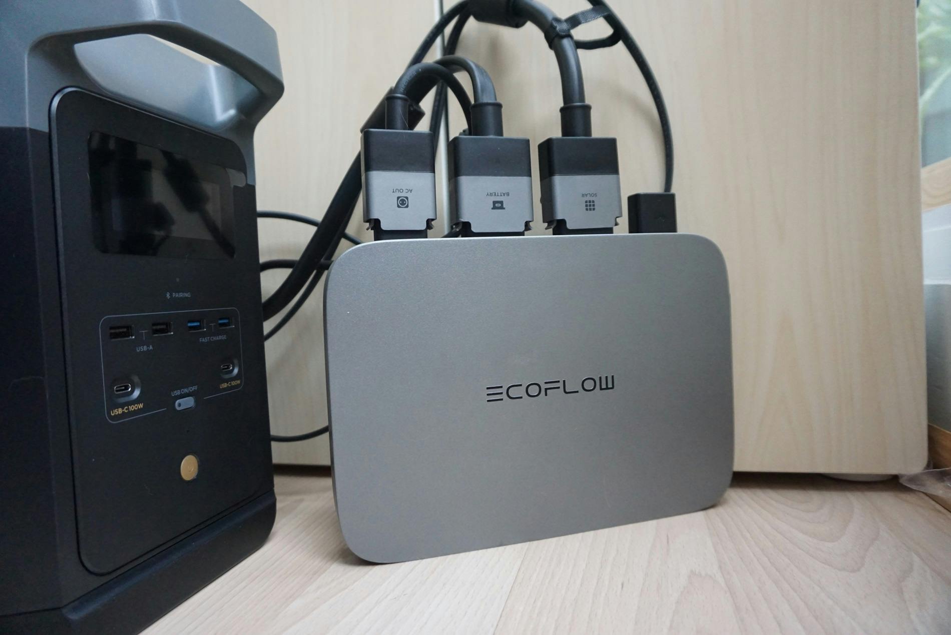 De micro-omvormer, aangesloten op de accu en (buiten beeld) zonnepanelen.