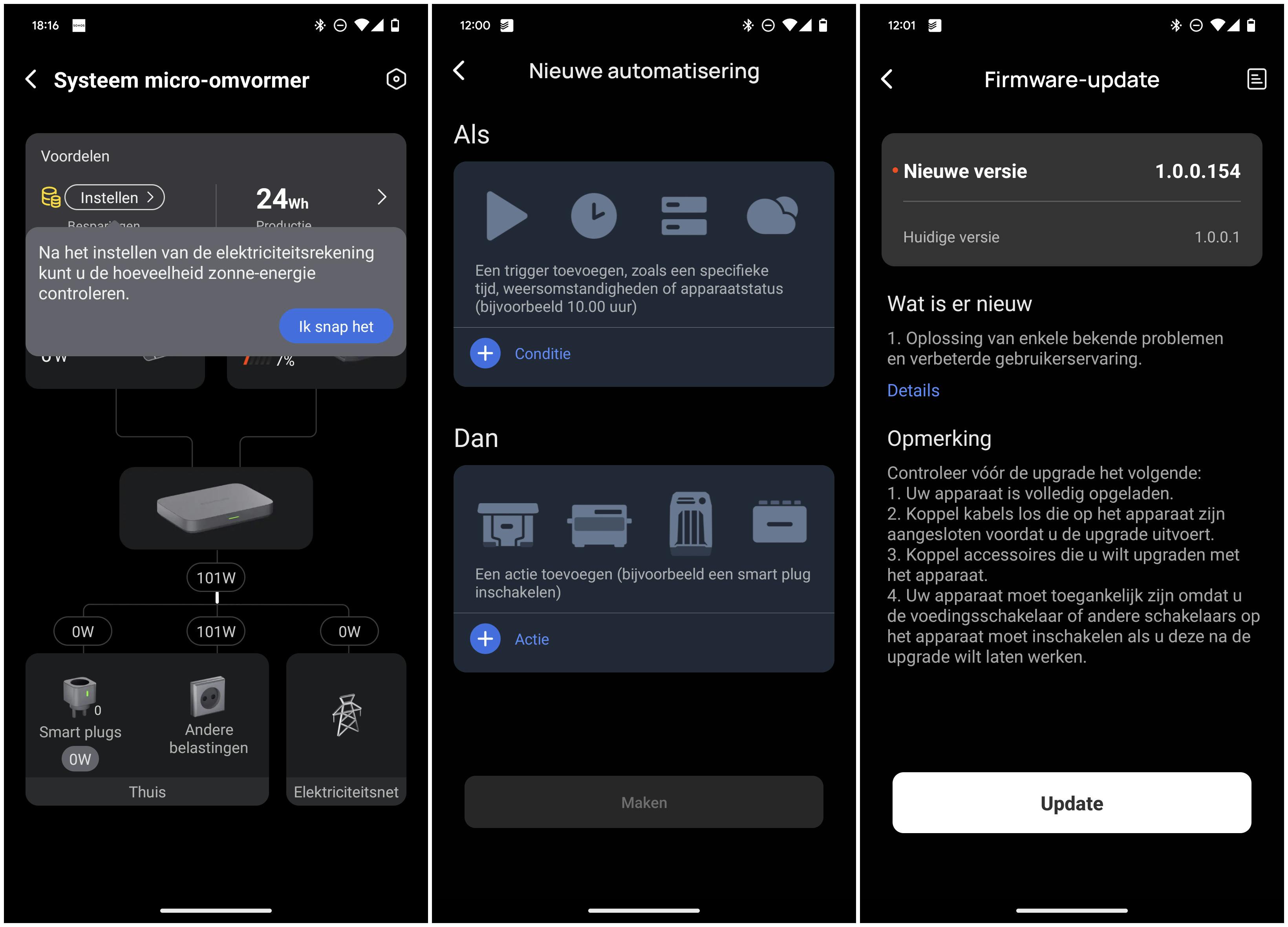 In de app zie je onder meer je stroombesparing, kun je automatiseren instellen met een los verkrijgbare slimme stekker en het zonnesysteem updaten.