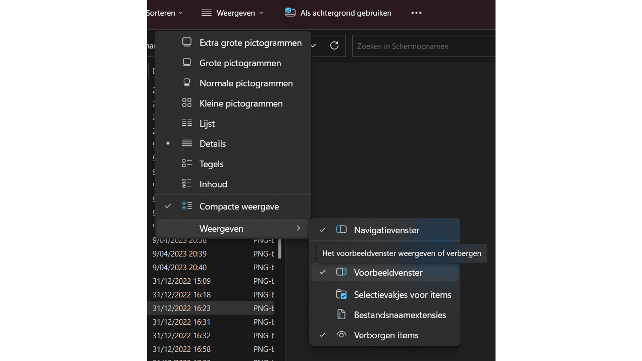 In het uitklapmenu kies je de optie Voorbeeldvenster.