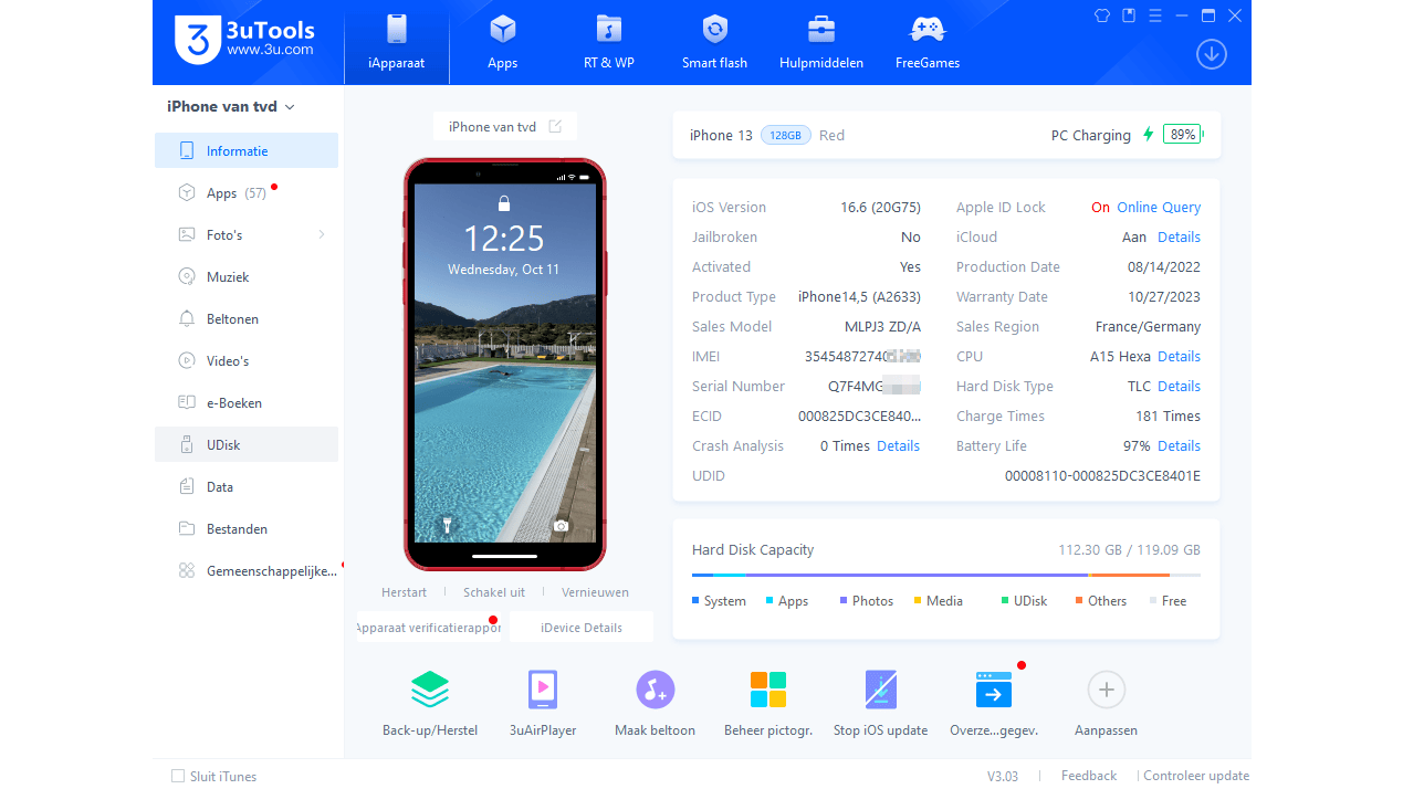 Als je verbonden bent met een kabel, dan kun je met 3uTools al behoorlijk veel beheren op je telefoon.