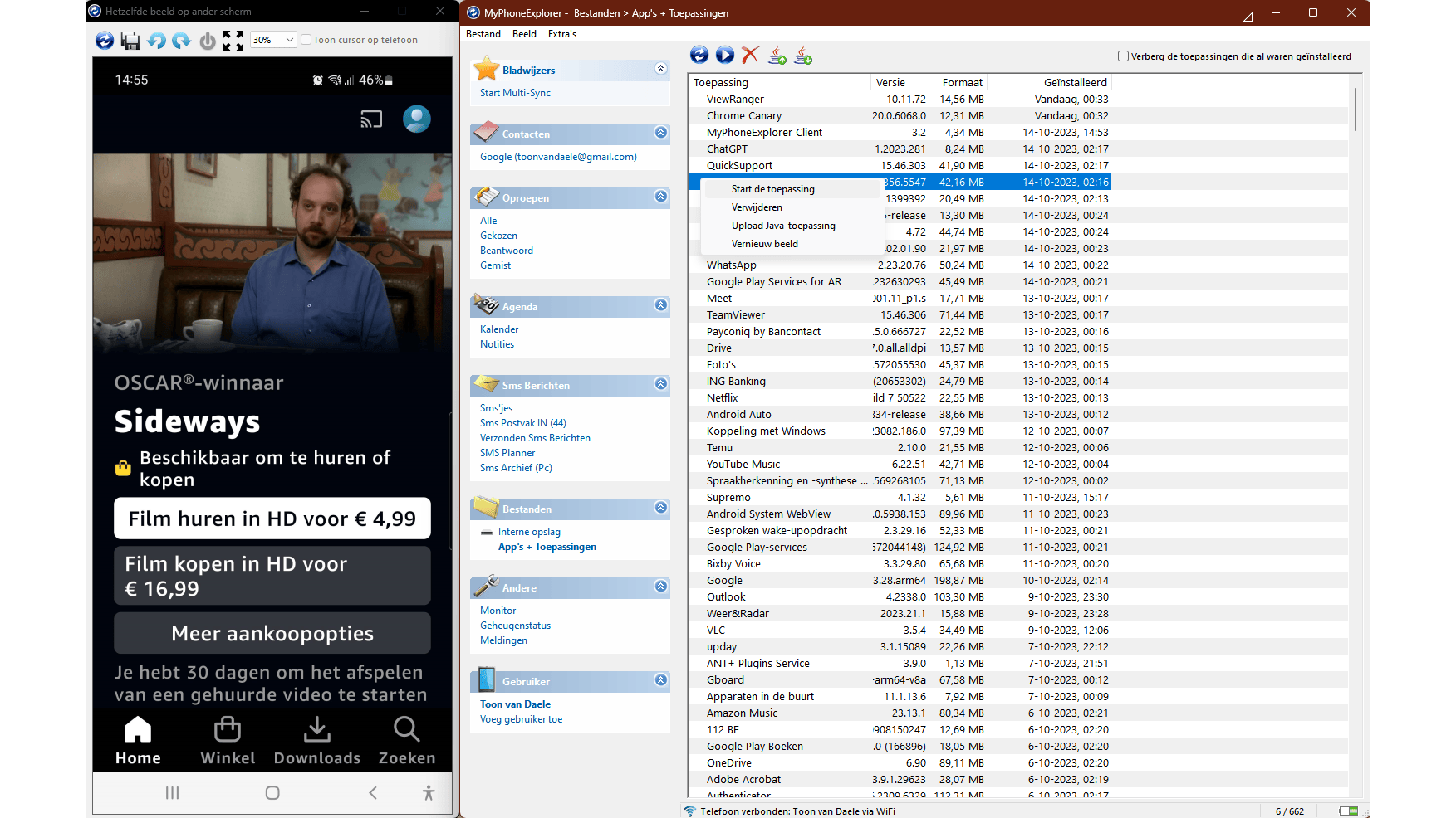 Apps starten en bekijken op je pc kan ook. Via een usb-kabel kun je ze ook bedienen.