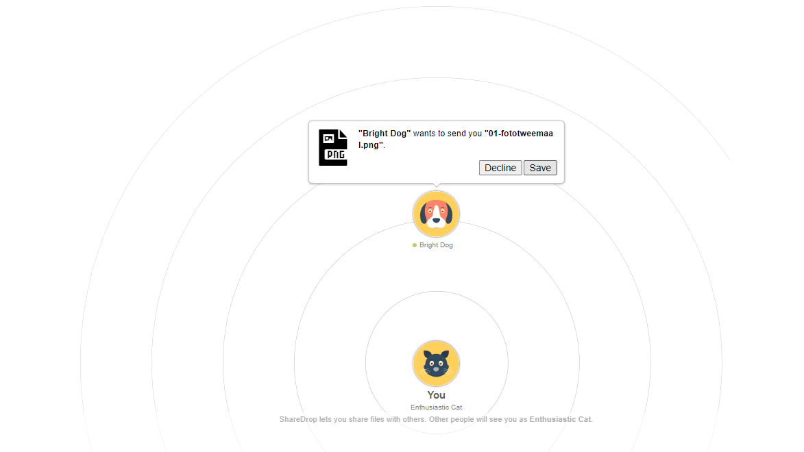Elk apparaat verschijnt in ShareDrop als een andere avatar waarmee je bestanden kunt uitwisselen.