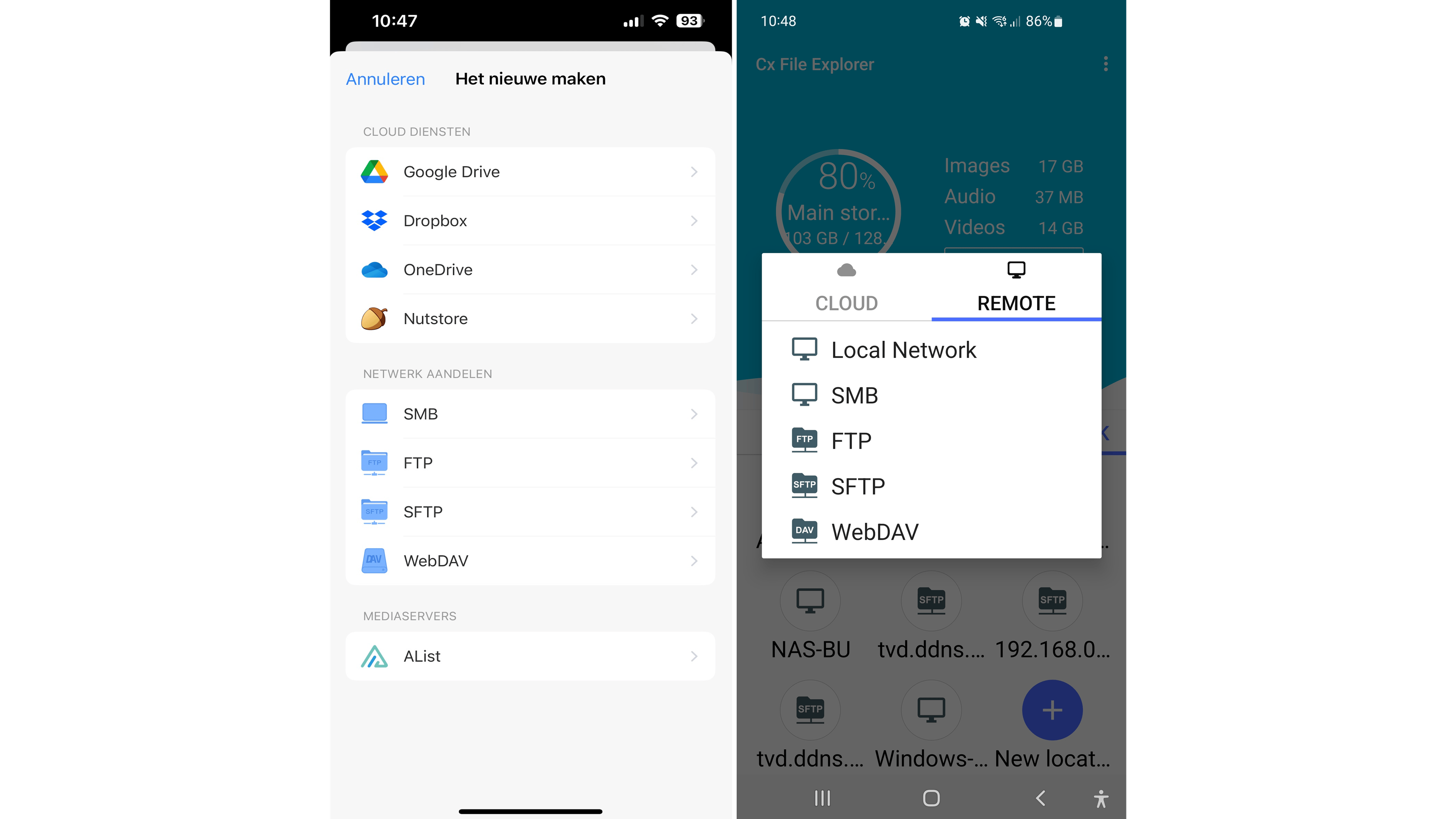 ES File Explorer (links) en Cx File Explorer (rechts) ondersteunen dezelfde vier netwerkprotocollen.