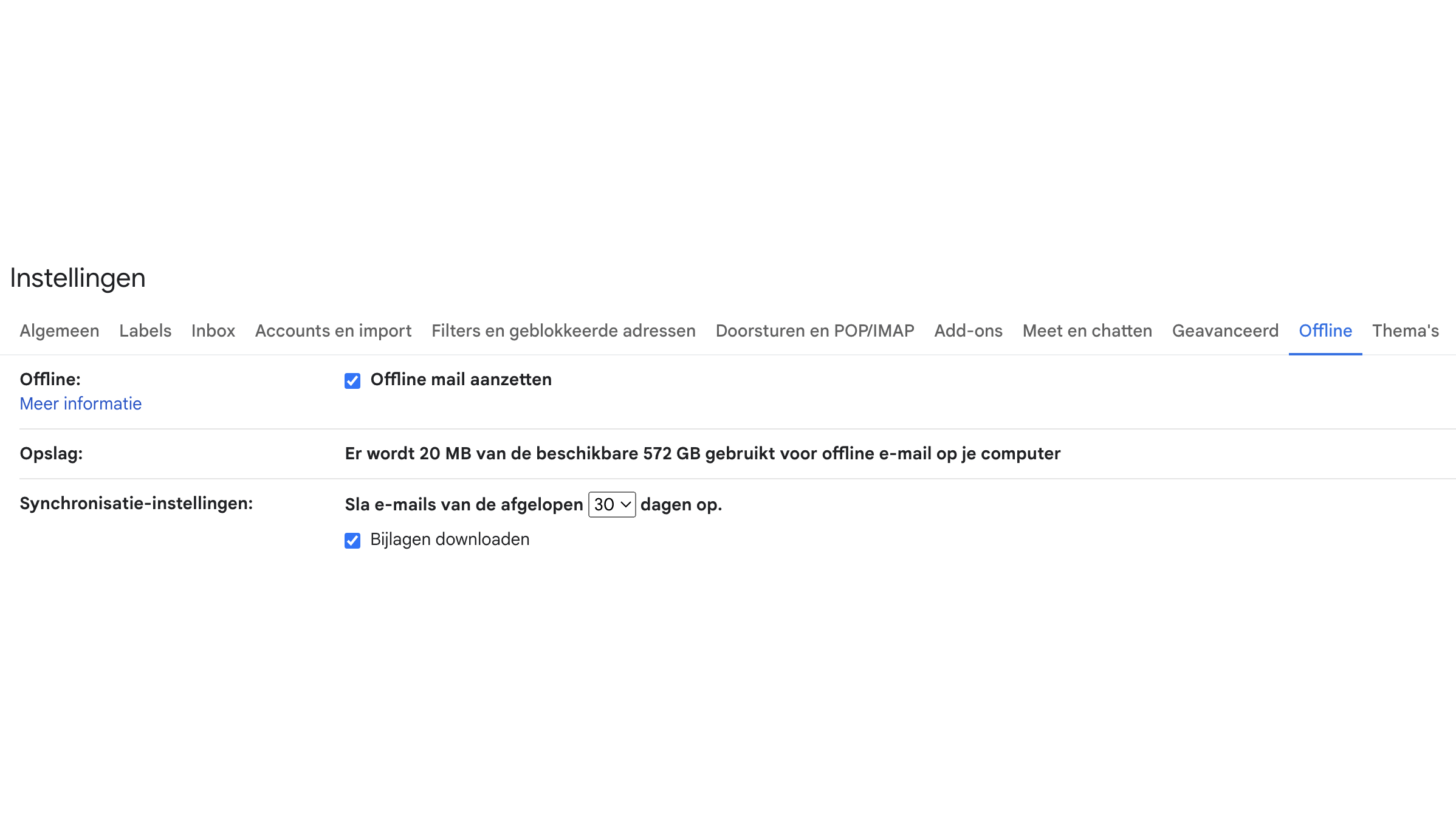 Hoeveel dagen moet Gmail de e-mails lokaal opslaan?