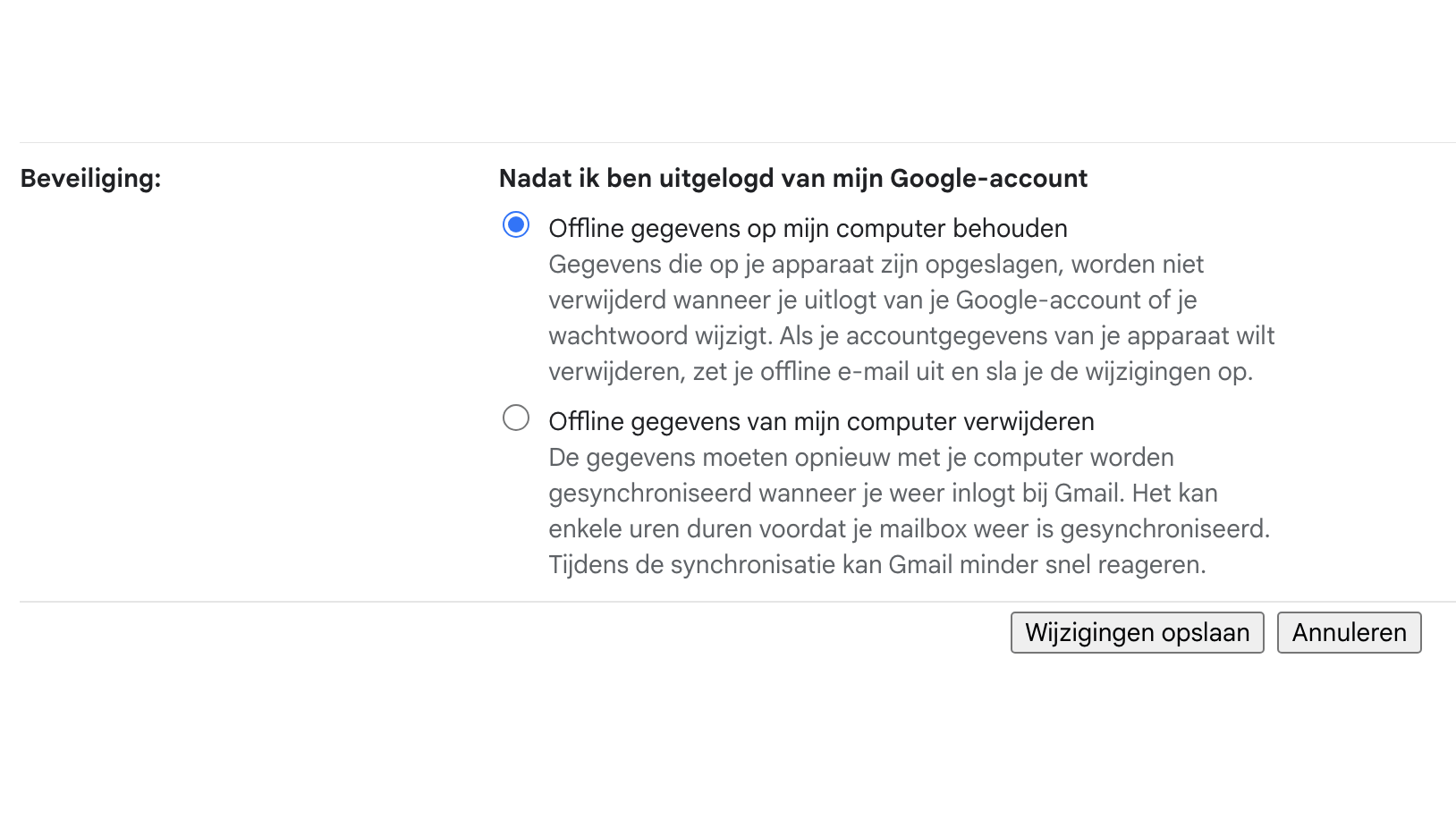 Beslis wat er in de offline-instelling moet gebeuren als je uitlogt bij je Google-account.