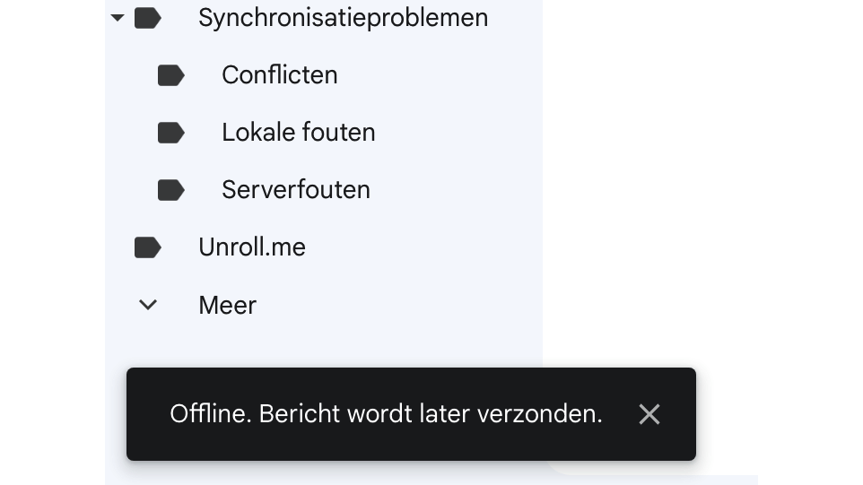 Er verschijnt een melding dat zo’n offline mailtje pas wordt verzonden als je weer online bent.