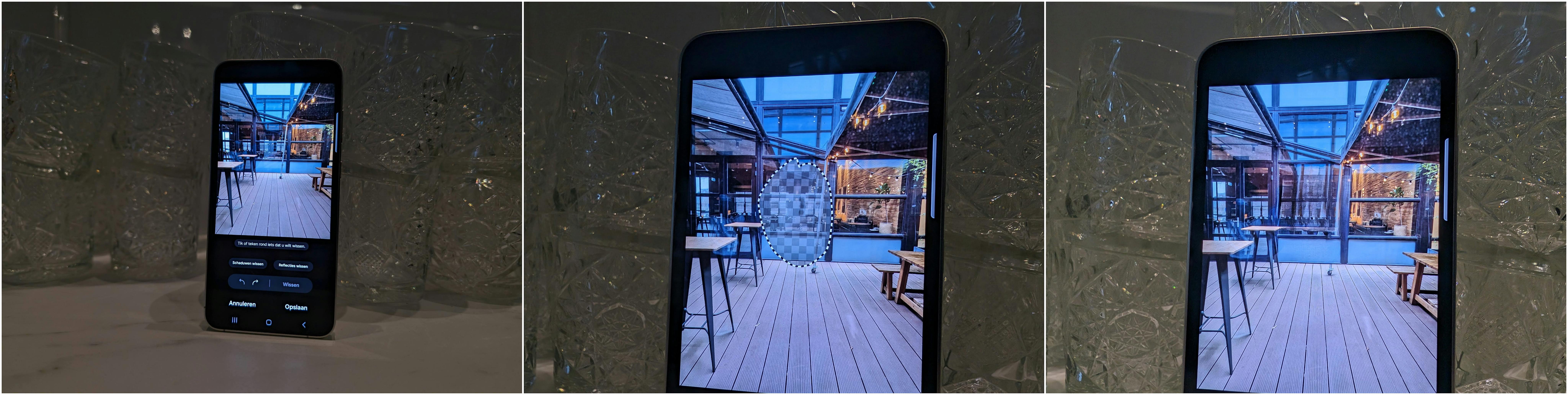 Het verwijderen van reflecties werkt niet altijd goed; hier verdwijnt een pilaar in het beeld.