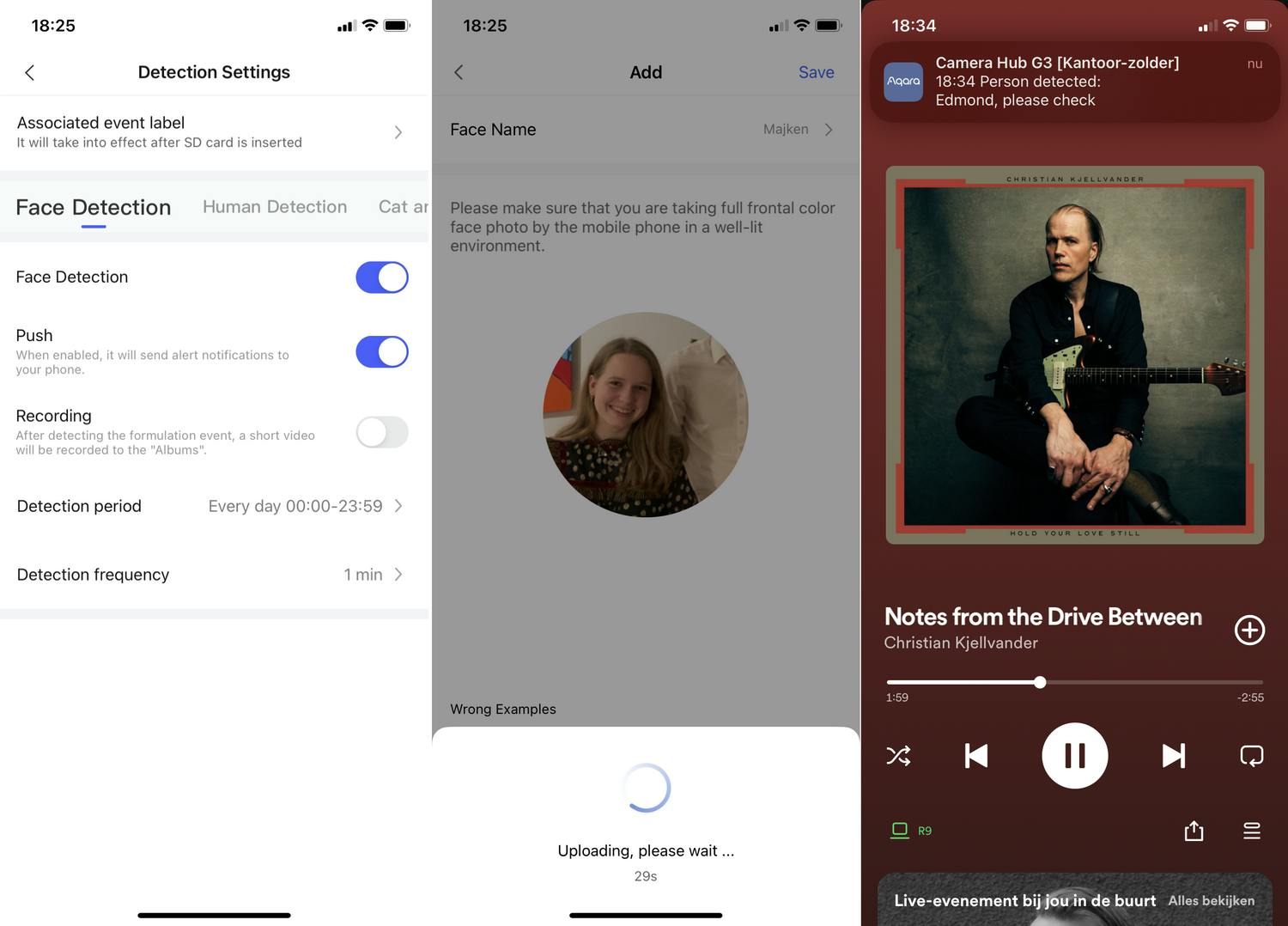 De Aqara-app met rechts een binnenkomende waarschuwing
