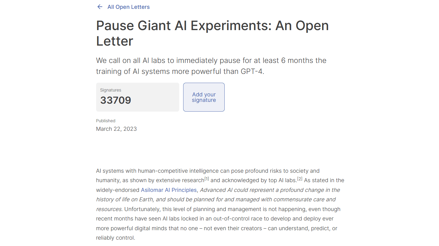De open brief waarin werd gepleit voor een pauze bij de ontwikkeling van AI.