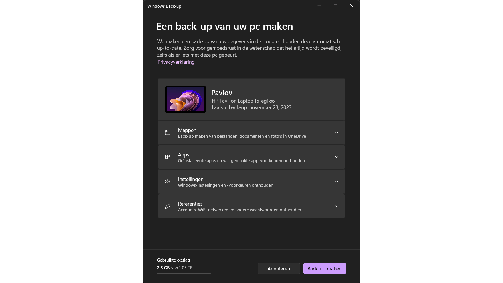 Selecteer van welke gegevens je een back-up wilt maken.