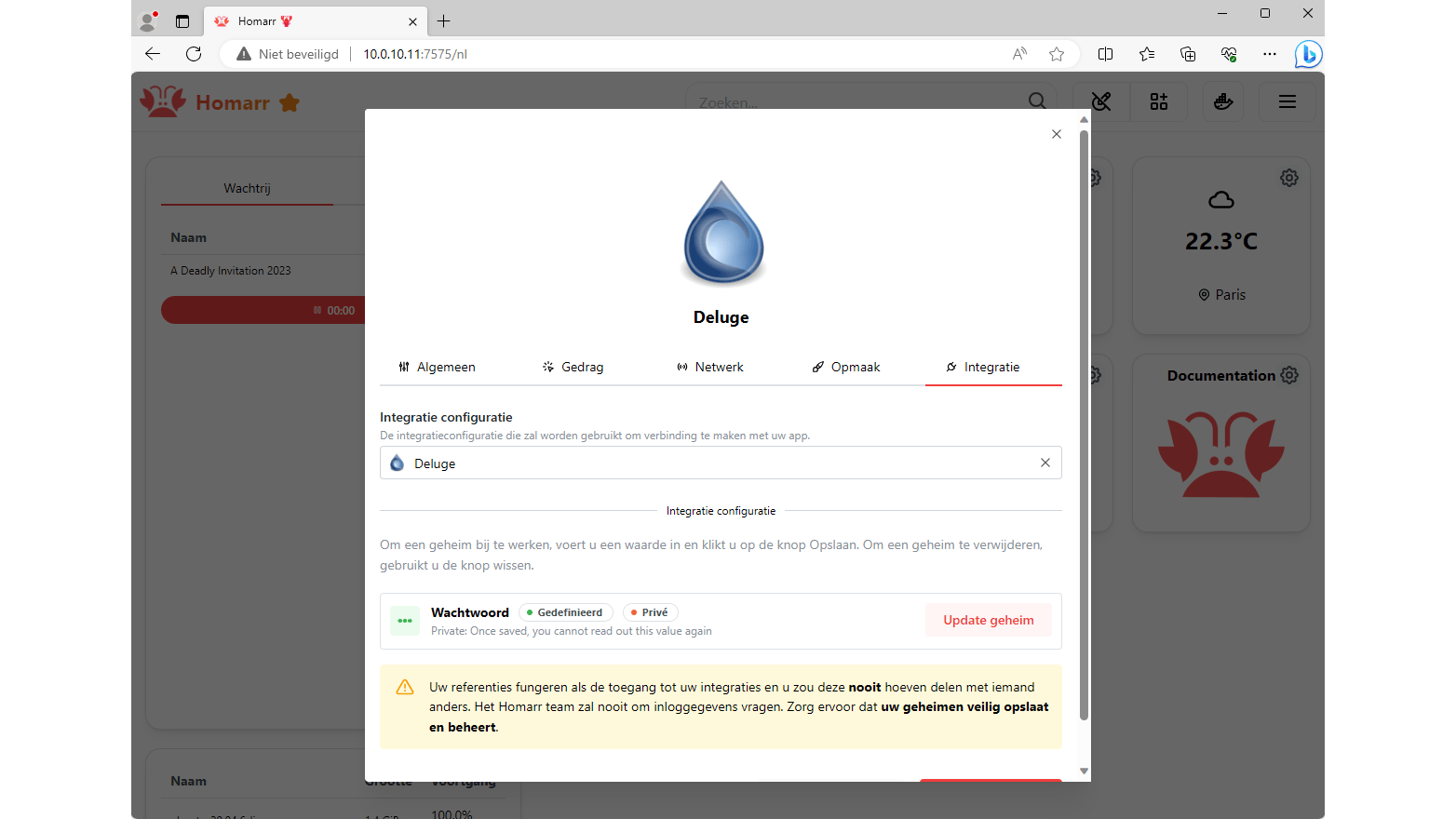 Voor de integratie van Deluge hoef je alleen het wachtwoord in te voeren.