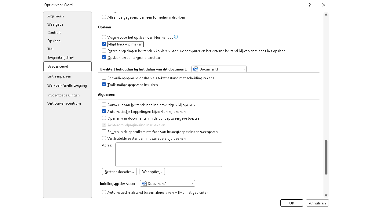 Zet de back-up-functie aan.