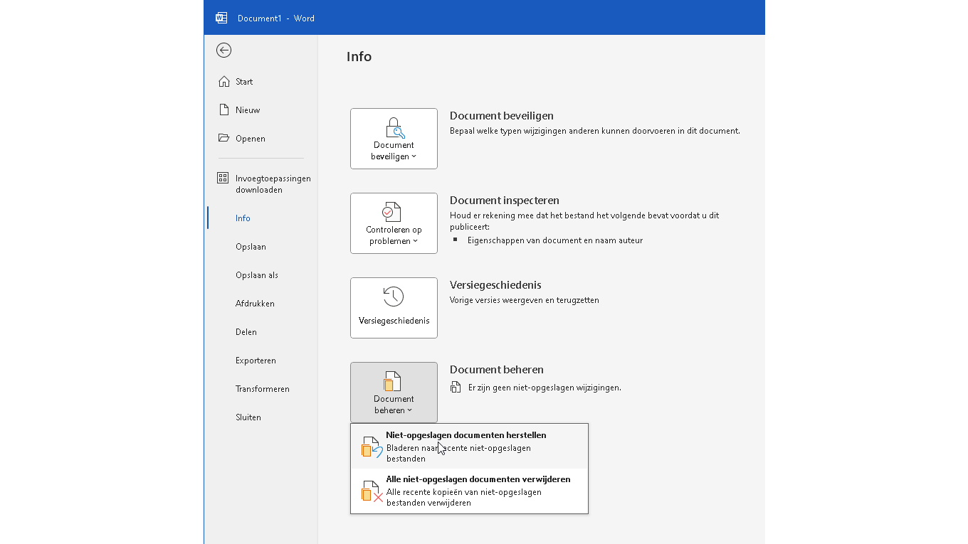 Zoek eerst bij de functie Niet-opgeslagen documenten herstellen.
