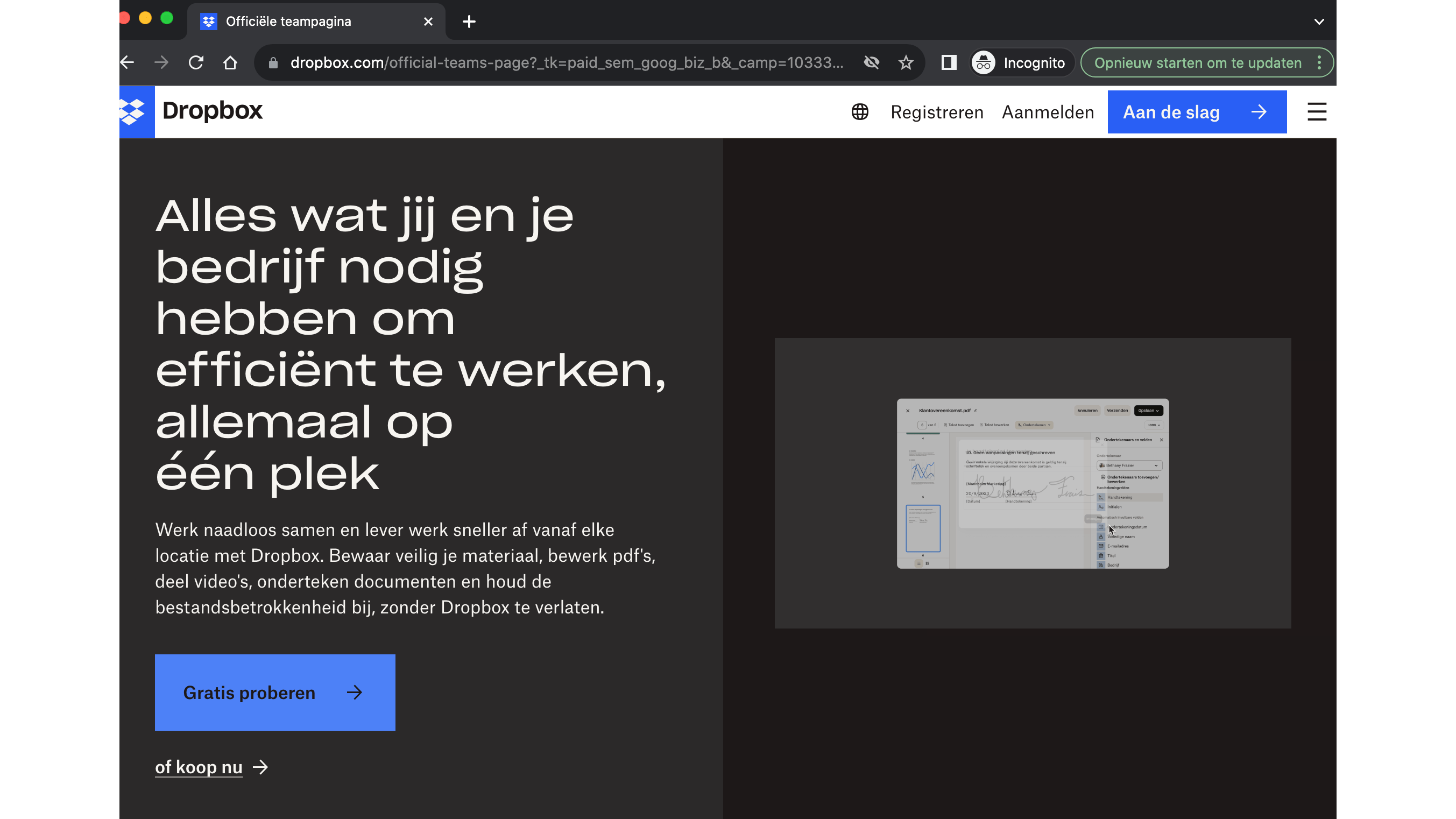 Door in te loggen via de incognitomodus kun je een extra Dropbox-account aanmaken.