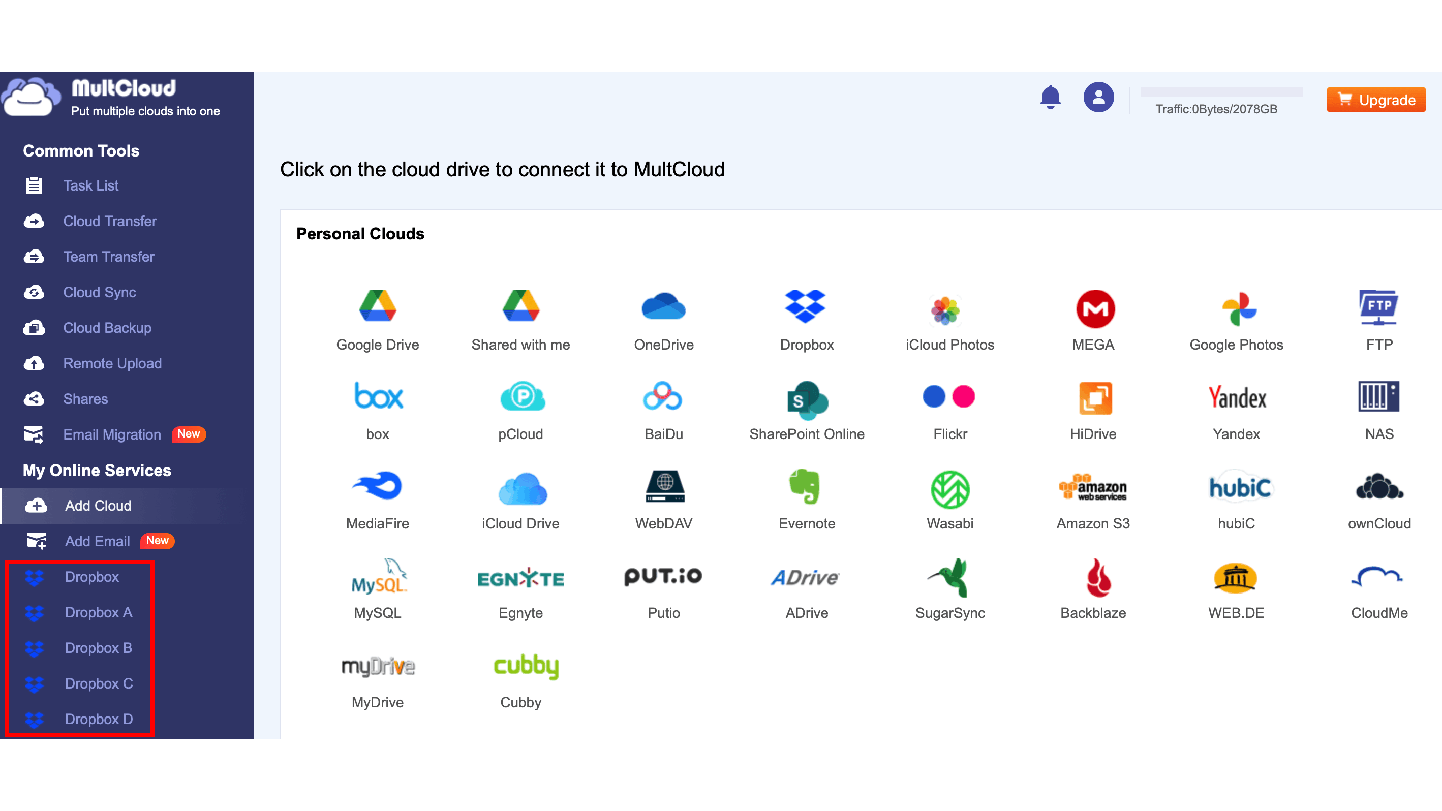 Via MultCloud beheren we vijf Dropbox-accounts.