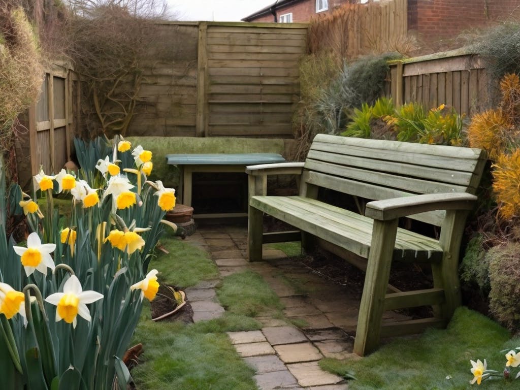 Groene aanslag op tuinbankje