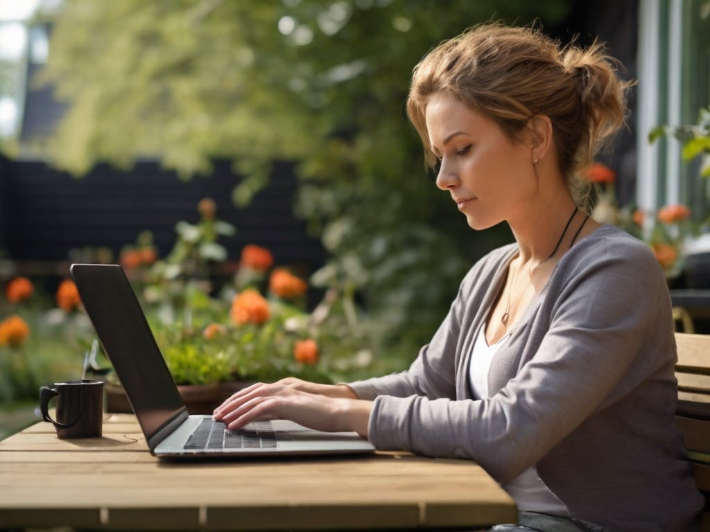Vrouw die internet in de tuin