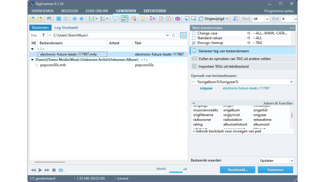 TagScanner past in batch metatags (en namen) van audiobestanden aan.
