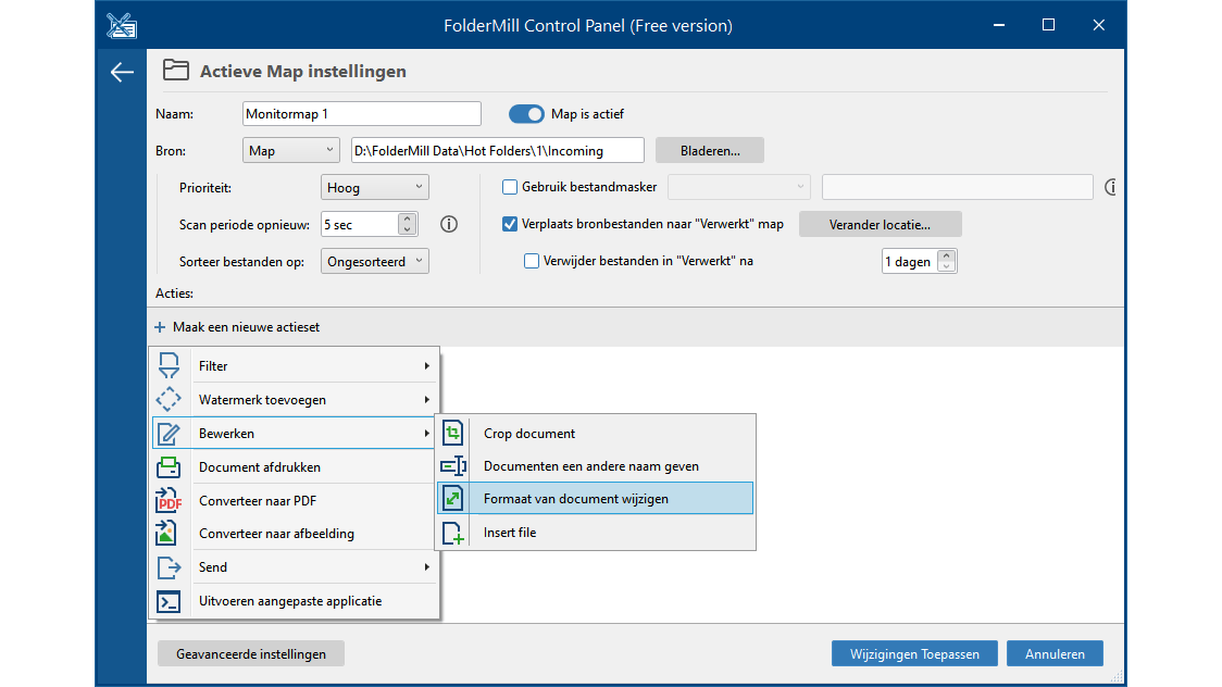 Foldermill voert de ingestelde bewerkingen en conversies uit op basis van documentmappen.