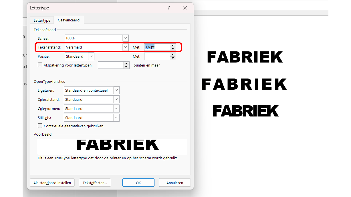 De tekenafstand is de witruimte tussen de letters.