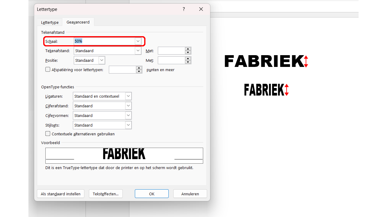 De hoogte van de letters blijft ongewijzigd, maar we versmallen de letters naar 50%.