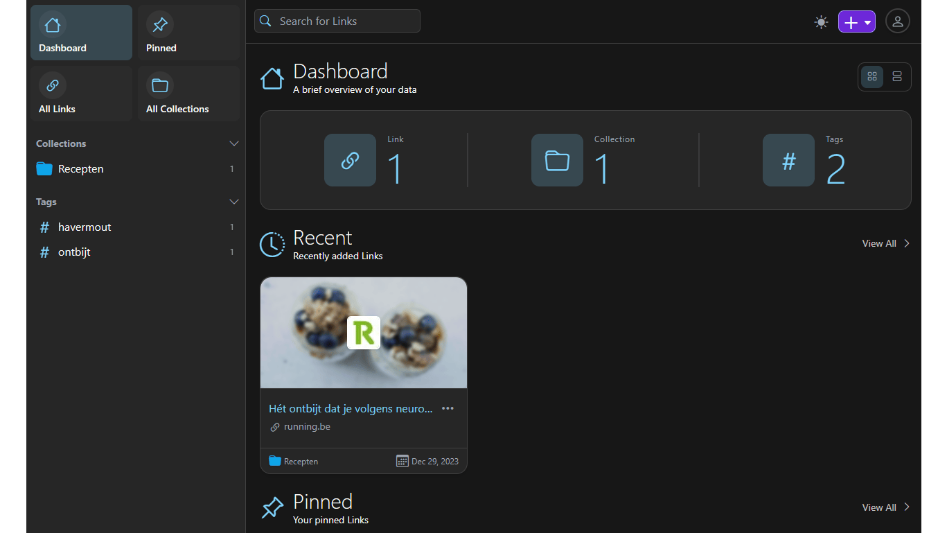 Je dashboard geeft een overzicht van alle bookmarks.