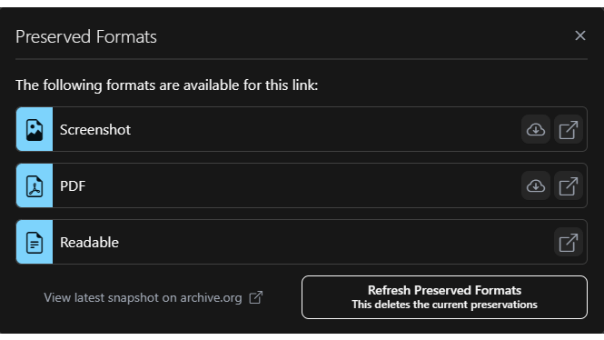 Voor webpagina’s wordt een schermafbeelding en pdf-bestand opgeslagen.