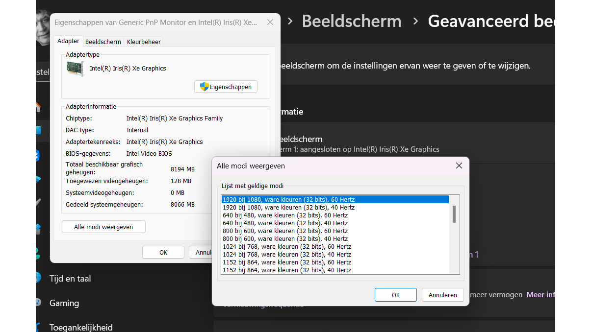 Onder Alle modi weergeven vind je alle combinaties voor jouw beeldscherm.