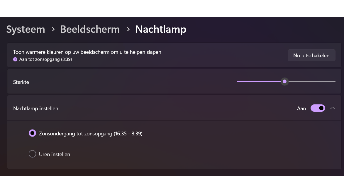 Meestal maakt de standaardinstelling van Nachtlamp het scherm te oranje.