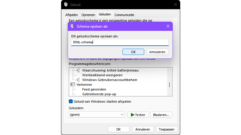 Je kunt de geluidswijzigingen in een of meer eigen geluidsschema’s onderbrengen.