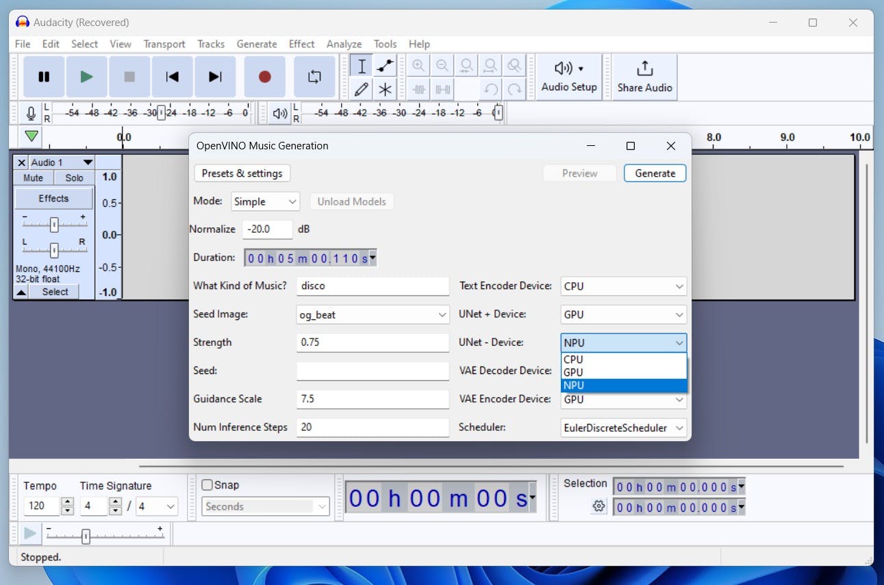 Npu-instellingen in Audicity.