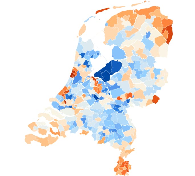 Hoe blauwer, hoe meer woningen er energiezuinig zijn, hoe roder, des te onzuiniger de woningen zijn.