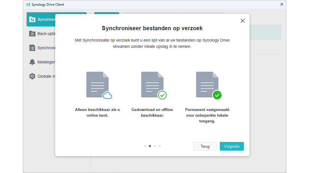 De drie mogelijkheden waarmee bestanden lokaal beschikbaar zijn, hebben ook elk een eigen icoontje die de status aangeeft.