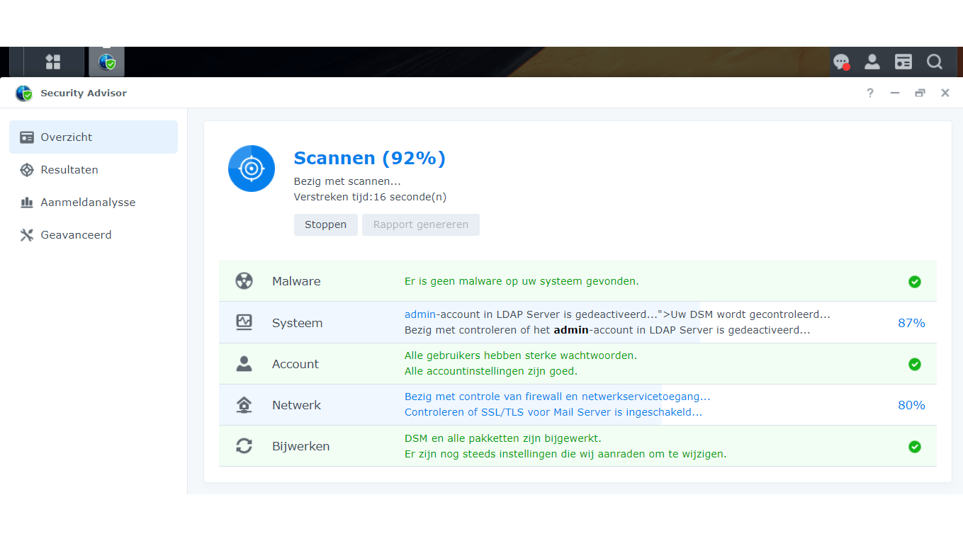 De Security Advisor controleert de configuratie en belangrijkste beveiligingsopties.
