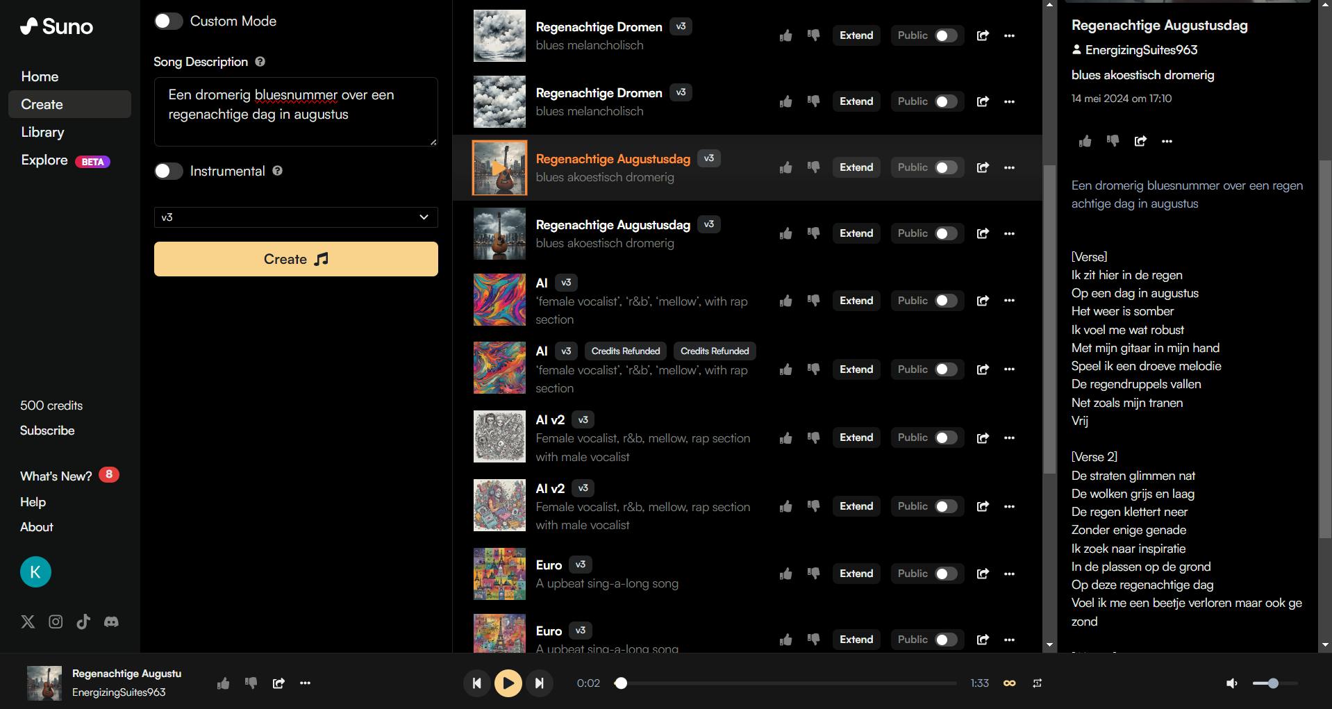 De interface van Suno.