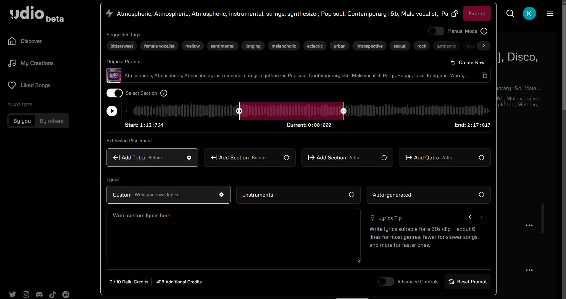 De interface van Udio.