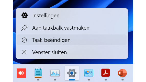 Een haperend programma beëindig je via een klik met de rechtermuisknop.