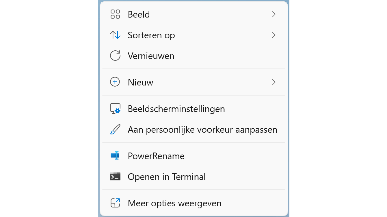 Windows toont je een compact menu en laat opties achterwege ...