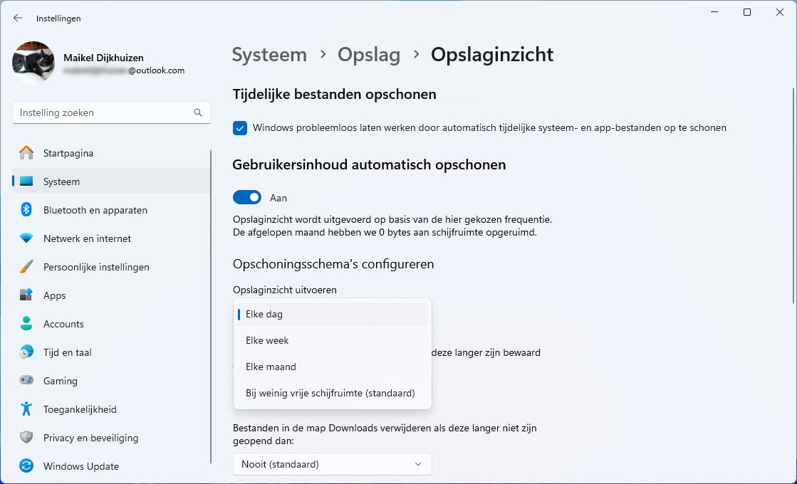 Pas opslaginzicht dagelijks toe om snel tijdelijke bestanden te wissen.