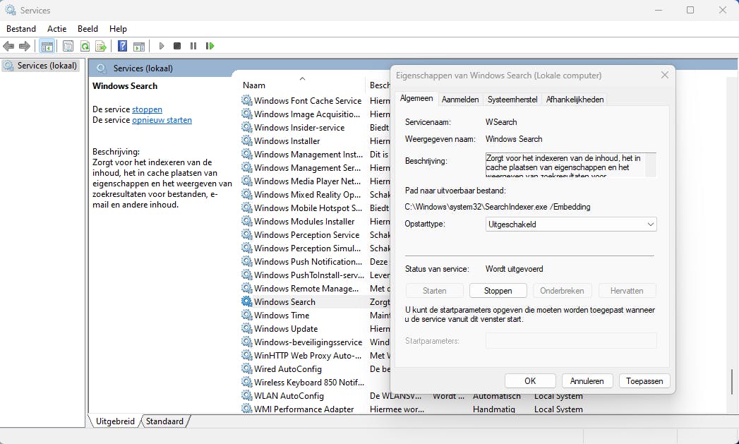 Via het hulpprogramma Services voorkom je dat de zoekfunctie de inhoud van de computer continu indexeert.