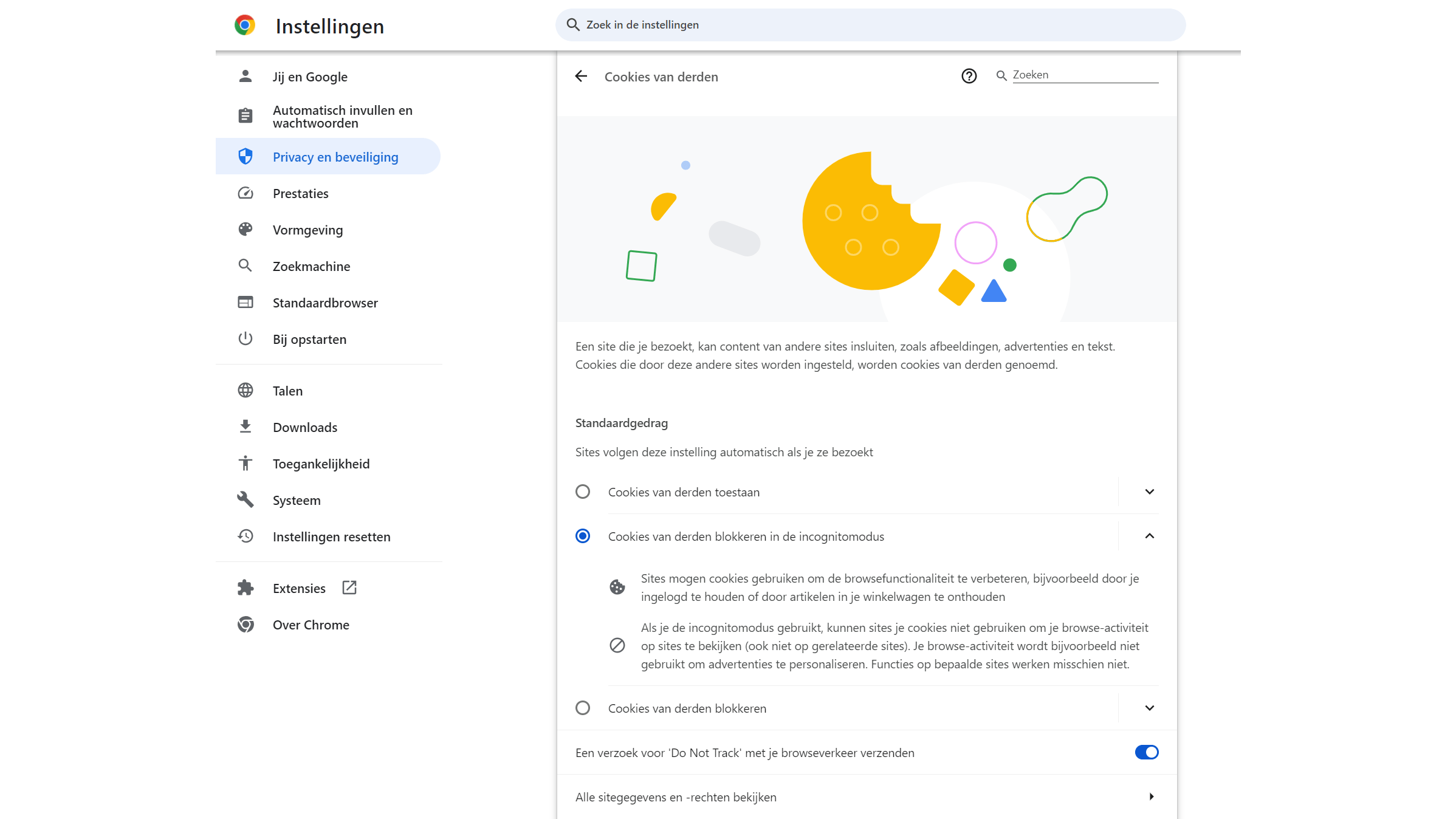 Verstopt in de instellingen van Chrome en browsers die draaien op Chromium, zit al een optie om cookies van derden te blokkeren.