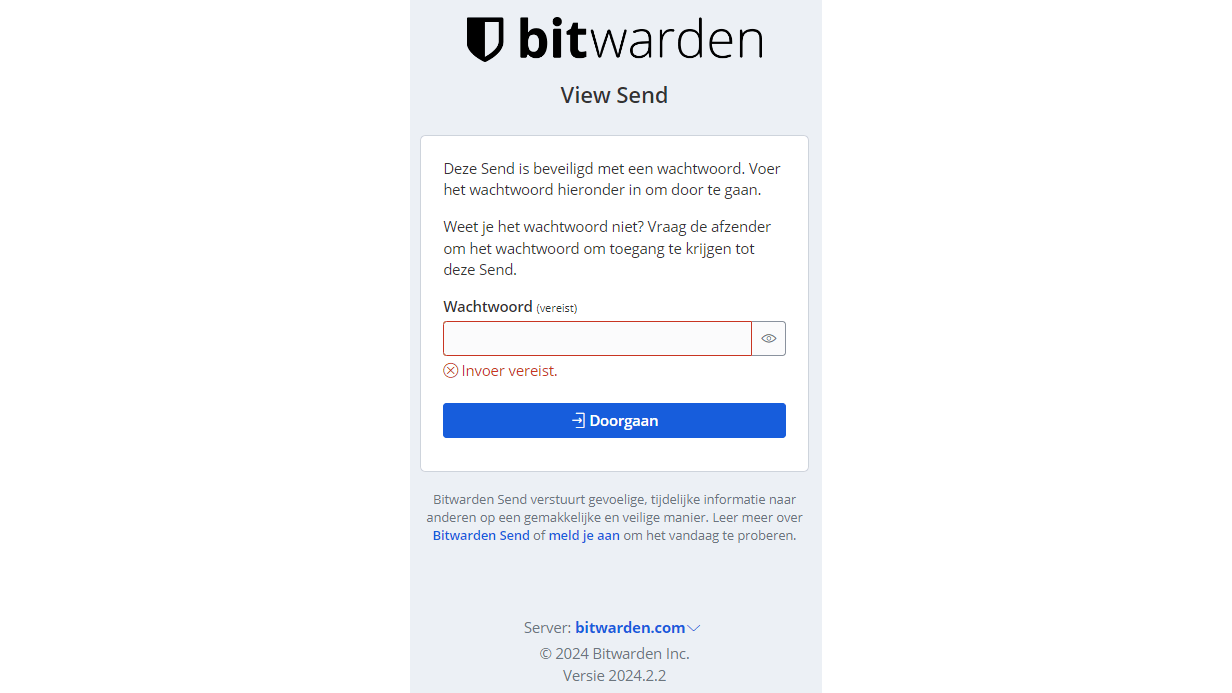 Zo ziet een ‘send’ eruit wanneer je deze benadert op de Bitwarden-server.