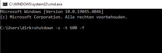 In dit geval wordt de pc na 600 seconden afgesloten.