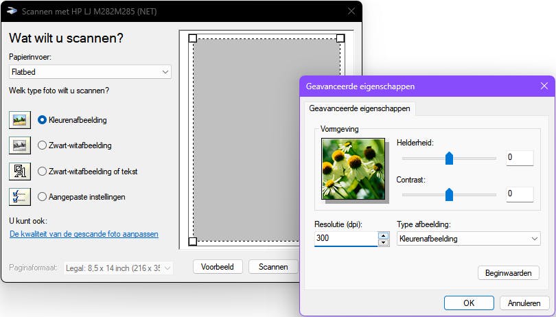 Het dialoogvenster met de opties van een WIA-interface (hier: in Paint).