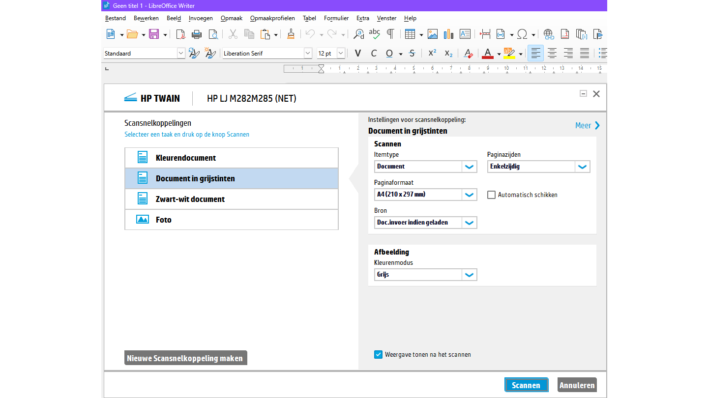 De TWAIN-interface, opgeroepen vanuit Writer LibreOffice.