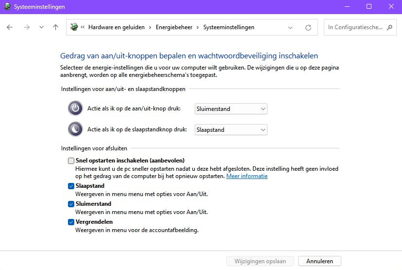 Je schakelt de functie Snel opstarten veiligheidshalve uit.