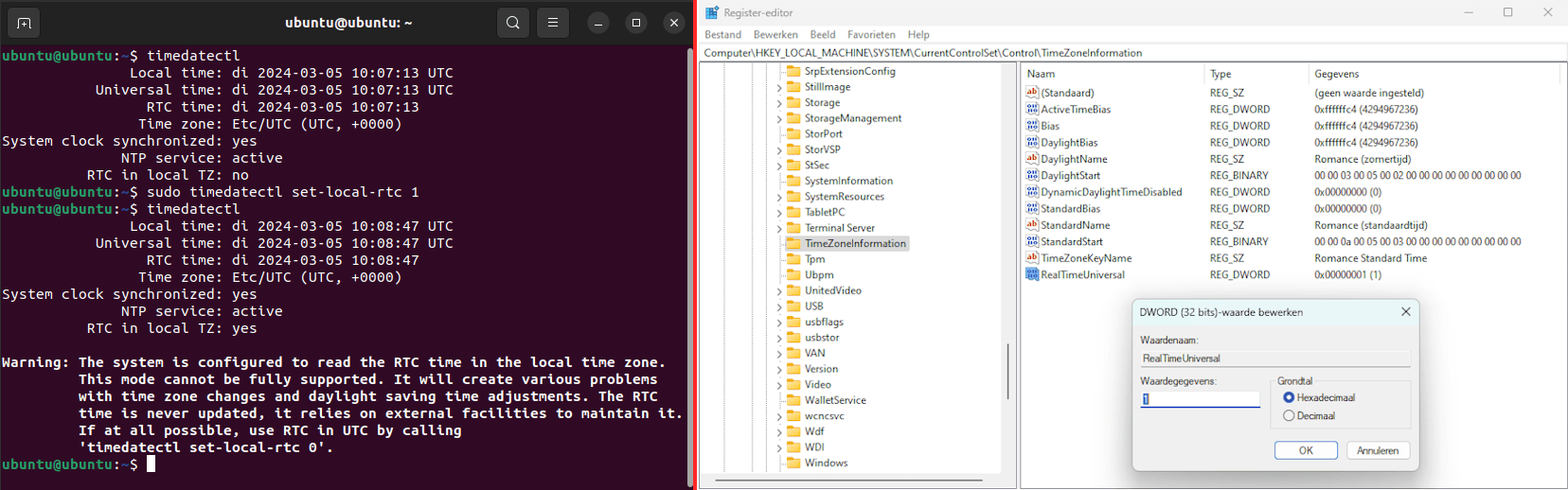 Aangepaste systeemtijd: links Ubuntu en rechts Windows.